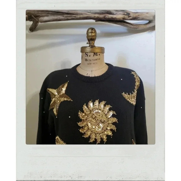 Vintage Celestial Black Gold Sun Solar Universe Retro Batwing Knit Sweater - Picture 4 of 6